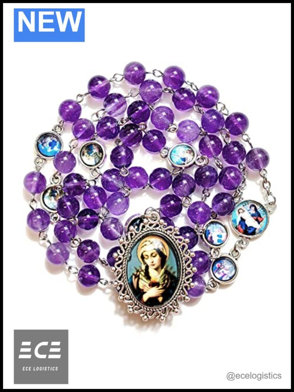 Natural Amethyst Crystal Seven Sorrows Rosary Beads Chaplet Cross Catholic